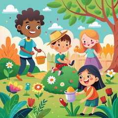 kids playing in the garden illustration