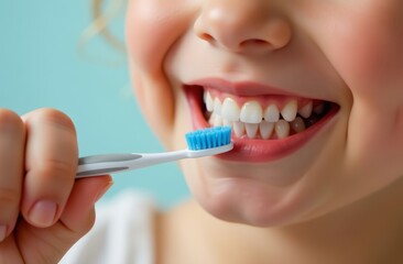 Cute child brushing teeth on light blue background, closeup.