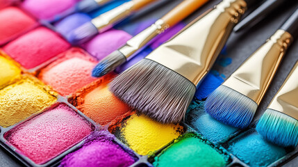 Fototapeta premium An array of artist brushes displayed over a colorful palette, showcasing their vivid hues and textures