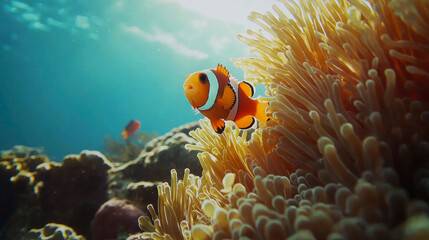 Obraz premium A vibrant clownfish swims among coral reefs in the clear blue water.