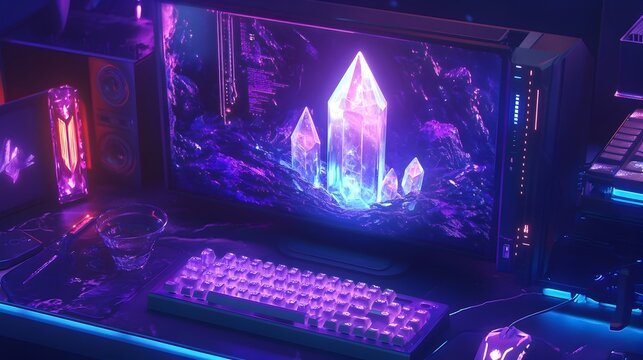 Enchanted Digital Workspace A Glowing Crystal Inspired Computer Desktop with Whimsical Interface and Floating Icons