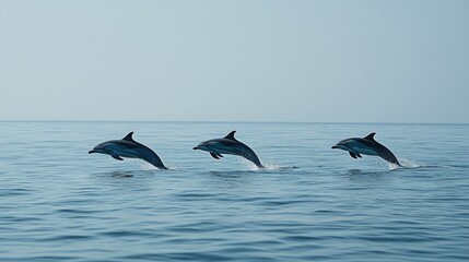 Fototapeta premium Three dolphins leap joyfully out of the blue ocean, creating a playful and vibrant scene of nature beauty and marine life.