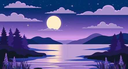painting of a Dusky lavender deep blue showcase twilight over peaceful lake