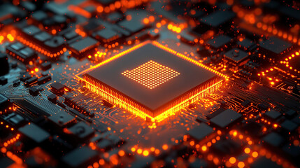 Close-up of a glowing microchip on a circuit board, with a chip in the middle