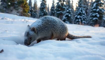 Obraz premium Mongoose foraging in a snowy landscape