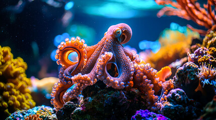 Obraz premium A vibrant octopus with orange and blue hues rests on a coral reef.