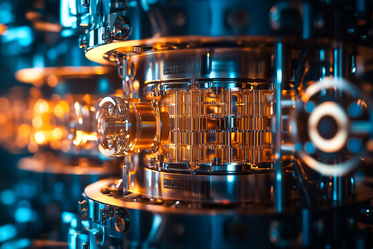 Intricate quantum computing elements illuminate with glowing details, showcasing advanced technology and innovation