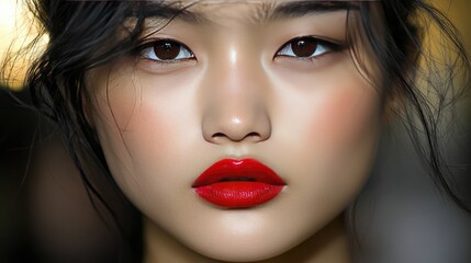 Fototapeta premium Close-Up of Woman with Bold Red Lips and Natural Beauty