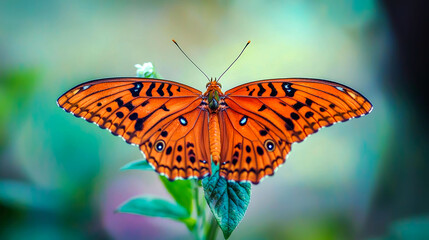 Obraz premium A vibrant orange butterfly with black markings rests on a green leaf with its wings fully open.