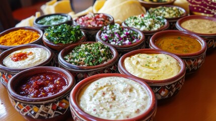 Fototapeta premium Colorful Eastern Sauces and Dips on Traditional Table