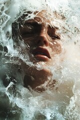 Fototapeta premium Furistic Depiction of an Individual Struggling against Turbulent Waves in the Overwhelming Sea