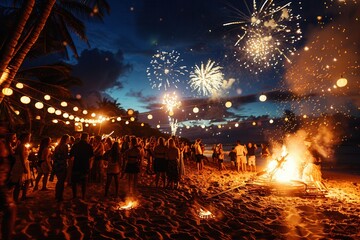 A lively beach party unfolds at night with people dancing near a bonfire, surrounded by colorful lights and bursting fireworks overhead. Generative AI