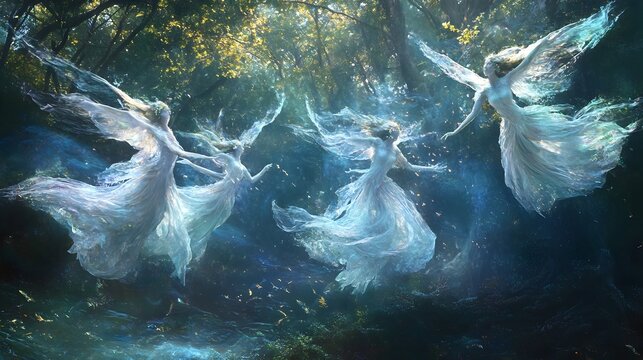 Ethereal Sylphs in Harmonious Teamwork   Graceful Humanoid Figures Dancing Through the Air in Fluid Synchronization