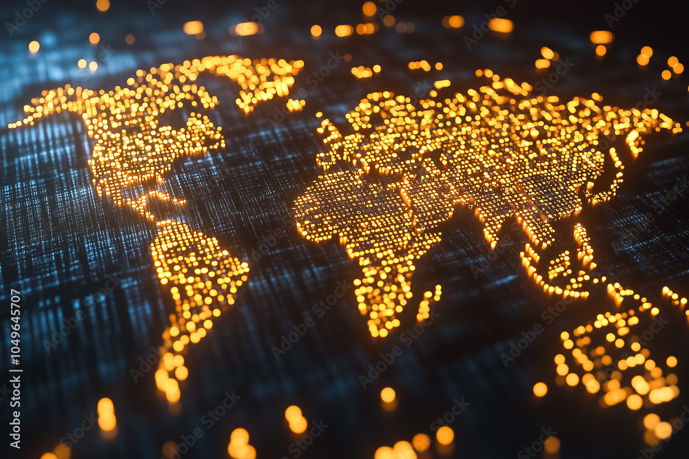 Poster A world map forms from glowing binary code, symbolizing global connectivity