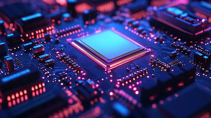 Close-up of a glowing microchip on a circuit board, with a chip in the middle