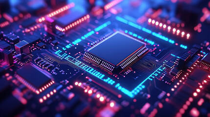 Obraz premium Close-up of a glowing microchip on a circuit board, with a chip in the middle