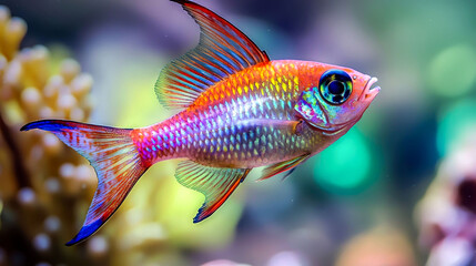 Fototapeta premium A vibrant, colorful fish with a long, flowing tail and fins swims through the water.