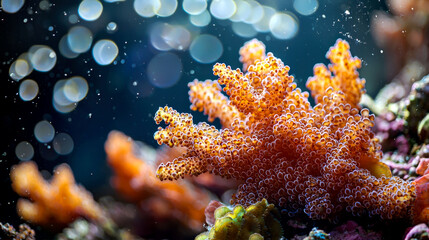 A vibrant, coral-like organism with a textured surface, growing in a marine environment, illuminated by natural light.