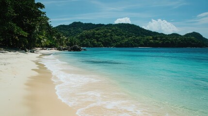 Obraz premium A serene tropical beach with vibrant turquoise waters, ideal for travel ads and exotic beach getaway promotions