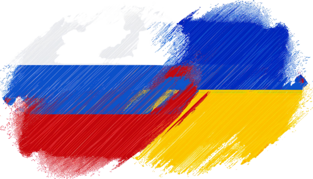 Brushstroke Fusion Russia and Ukraine Merg Flag Colors on White Background