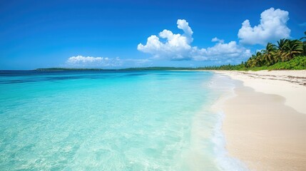 Fototapeta premium Pristine beach with turquoise waters lapping against the shore, symbolizing relaxation, perfect for tropical getaway ads