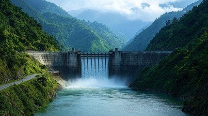 A stunning view of a dam surrounded by lush green mountains, with water cascading down, reflecting a serene atmosphere under a clear blue sky.