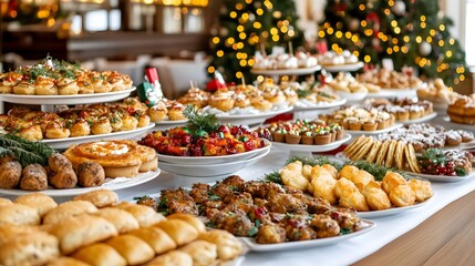 Fototapeta premium A festive spread of assorted delicious pastries, savory dishes, and confections displayed on a table, illuminated by holiday decorations.