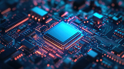 Close-up of a glowing microchip on a circuit board, with a chip in the middle