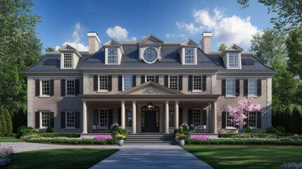 Fototapeta premium Elegant Mansion with Lush Surroundings and Clear Sky
