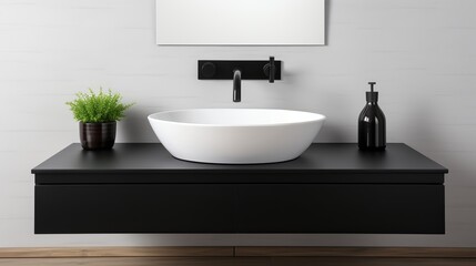 Fototapeta premium Modern bathroom design featuring a sleek sink, stylish fixtures, and minimalist decor