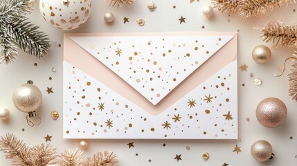 A beautifully crafted holiday envelope adorned with golden stars and dots, surrounded by festive decorations and ornaments