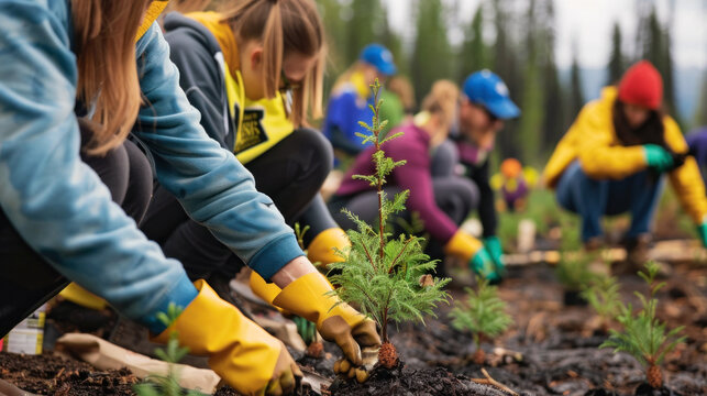 volunteers planting trees in a burnt forest area, helping with the reforestation process after a wildfire