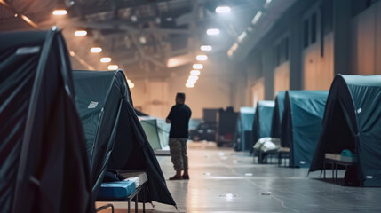 volunteers setting up tents and emergency beds for displaced families at a temporary shelter