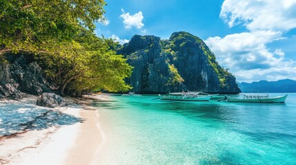 Obraz premium Tranquil beach with clear turquoise waters, perfect for travel businesses and tropical vacation promotions