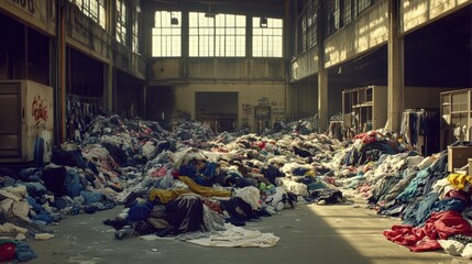 Endless clothing piles embody fast fashion overproduction, emphasizing ecological damage and irresponsible consumerism