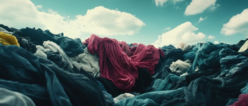 Heaps of discarded fabrics portray unsustainable fashion practices, raising awareness about the need for mindful consumption
