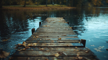 Fototapeta premium A wooden pier stretches out over a still lake, surrounded by autumn foliage.
