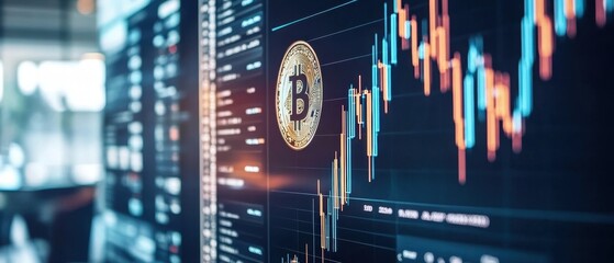 High-tech workspace with sleek monitors displaying financial metrics, cryptocurrency symbols, and market trends for wealth management insights