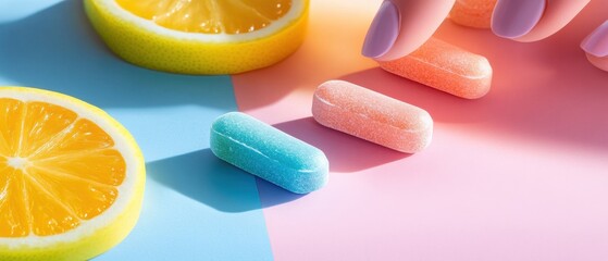 Minimalistic layout of pastel-colored gummy supplements on a smooth surface with hints of sunlight and tropical fruit accents for wellness inspiration