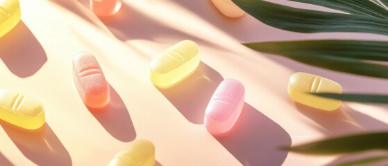 Minimalistic layout of pastel-colored gummy supplements on a smooth surface with hints of sunlight and tropical fruit accents for wellness inspiration