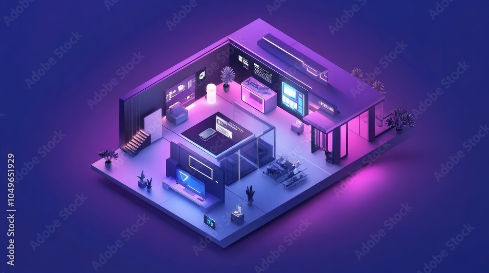 Poster isometric view of a futuristic smart home controlled by an iot system for automation and security