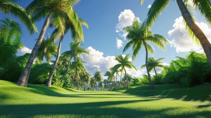 Fototapeta premium Lush Tropical Landscape with Palm Trees and Blue Sky