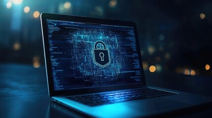 Laptop displaying a lock icon on blue background, cybersecurity concept
