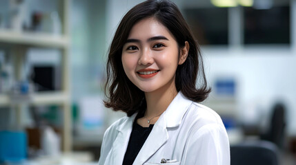 Naklejka premium A young woman in a white lab coat smiles at the camera.