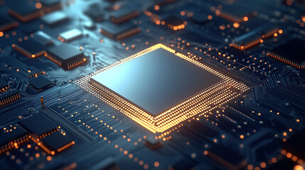 Close-up of a glowing microchip on a circuit board, with a chip in the middle