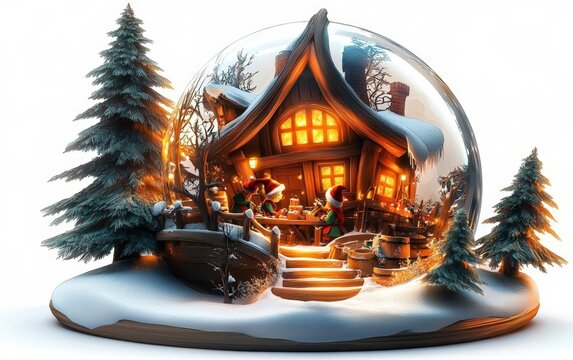 Santa workshop snow globe, elves working inside, white background, watercolor style, art deco