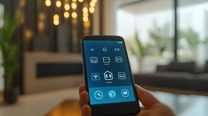 Mobile app interface displaying a smart home icon connected to IoT devices, representing remote home control