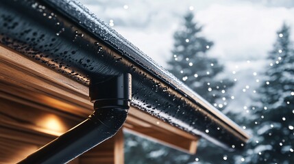 Naklejka premium Close-up view of a rain gutter with water droplets, capturing the essence of a rainy day and the beauty of nature around a wooden structure.
