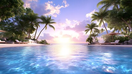 Fototapeta premium A tranquil tropical scene featuring a sparkling blue pool, palm trees, and a vibrant sunset sky reflecting over calm waters.