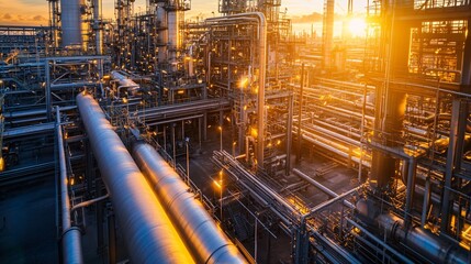 Fototapeta premium A stunning view of an industrial facility at sunset, showcasing intricate pipelines and machinery glowing in golden light.